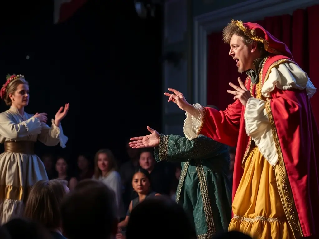 A captivating image of a theatrical performance at La Maline, showing actors in costume on stage, delivering a dramatic scene to a captivated audience.
