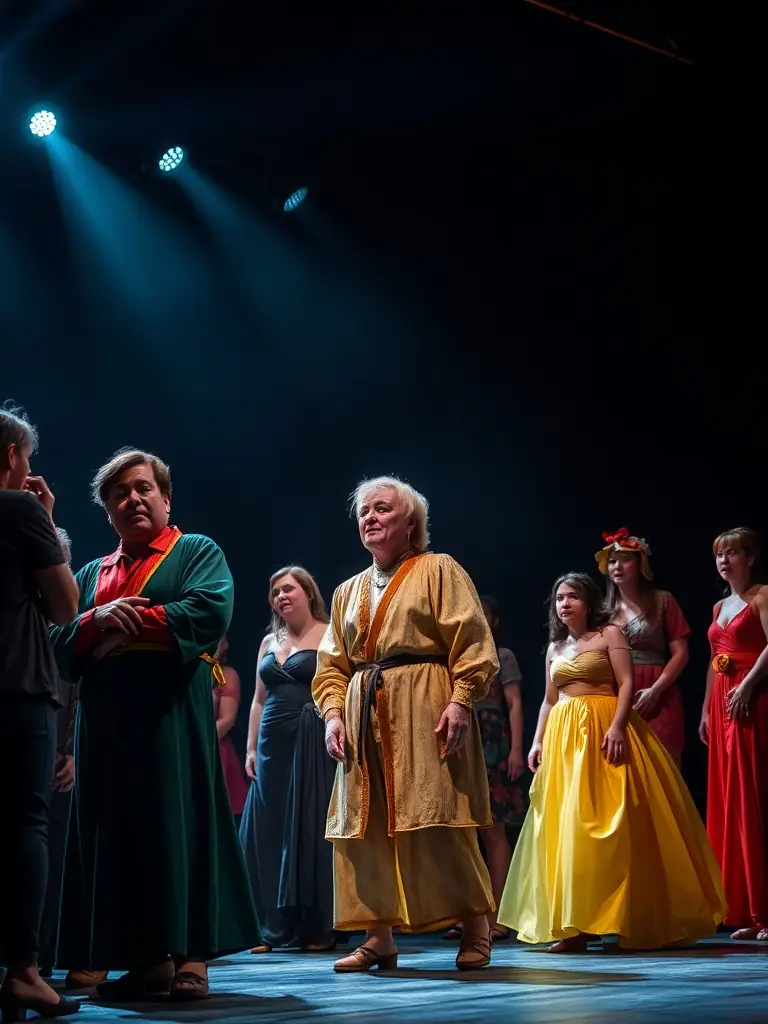 A captivating image of a theatrical performance at La Maline, showcasing actors in costume on stage, with dynamic lighting and set design. The scene captures a moment of high drama or emotion.