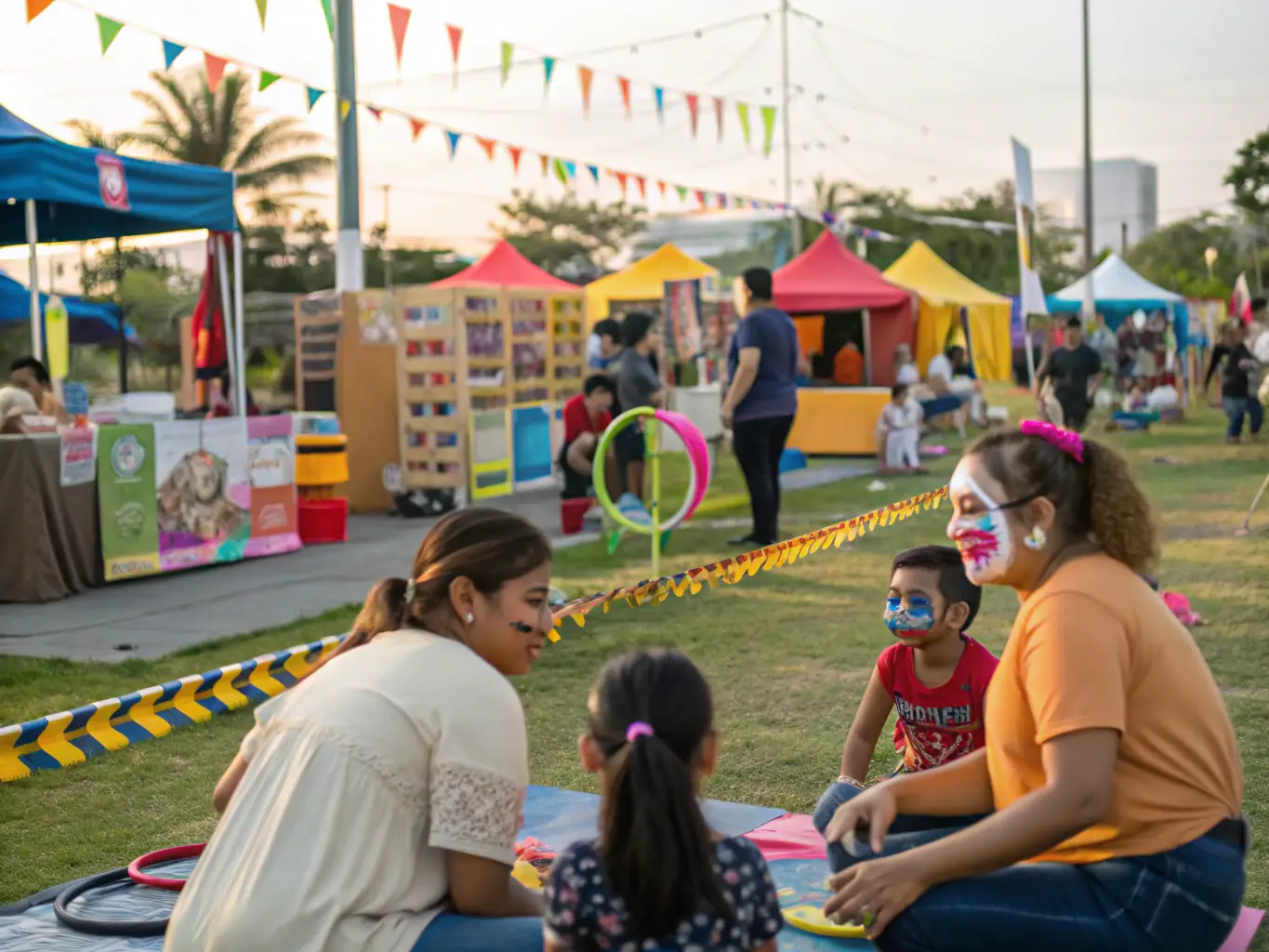 A photograph of a community festival, showing people of all ages enjoying live music, food stalls, and art displays in a public square.