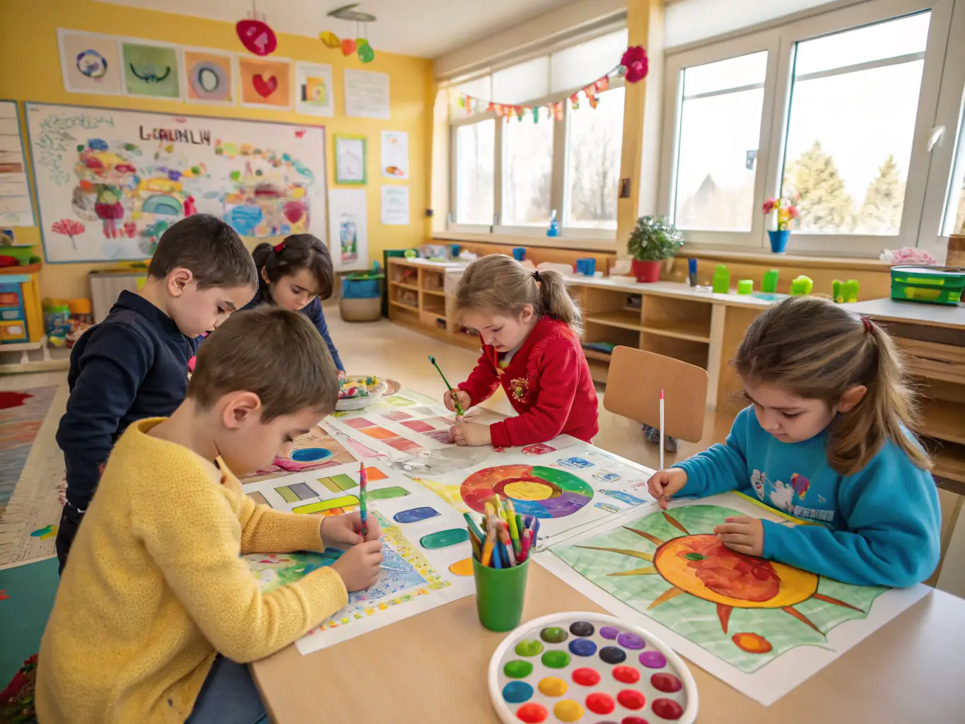 A photograph of children participating in an interactive art workshop, with paintbrushes and colorful materials spread across tables, and an instructor guiding them.