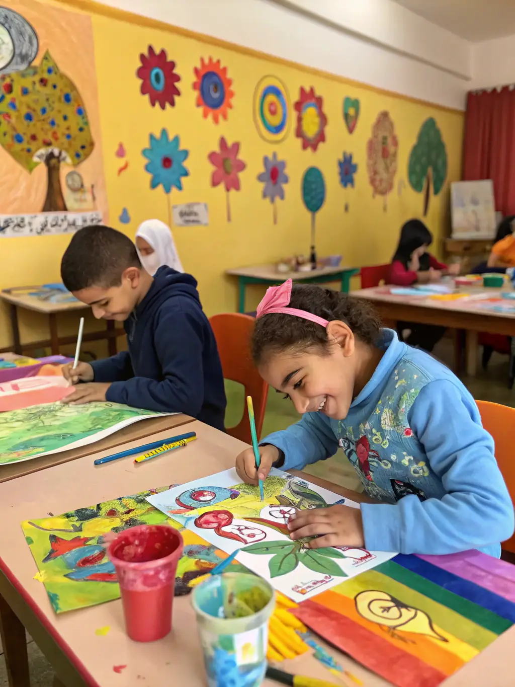A vibrant photograph capturing a children's art workshop in progress at La Maline, with kids enthusiastically painting and creating under the guidance of an instructor. The setting is bright and cheerful, reflecting the joy of artistic expression.