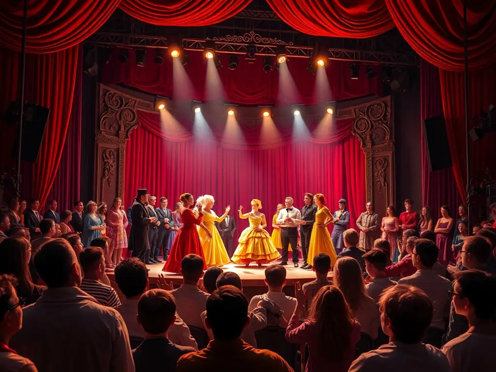 A vibrant photograph capturing a live theatrical performance at La Maline, showcasing actors in costume on stage with dynamic lighting and an engaged audience.