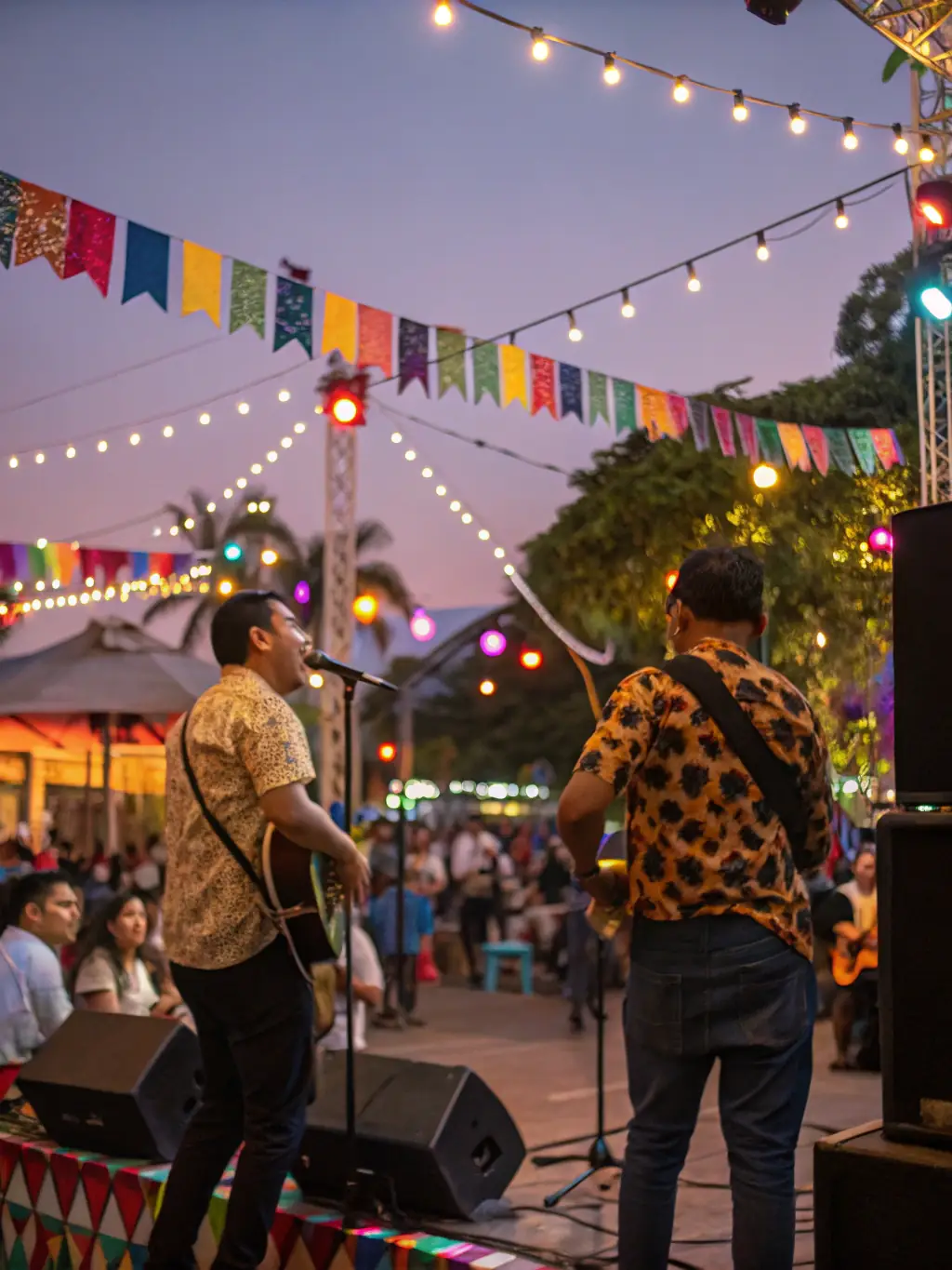 A photograph of a community music festival held outdoors on Île de Ré, featuring local musicians performing on a stage, with families and individuals enjoying the music and atmosphere. The scene is lively and festive.