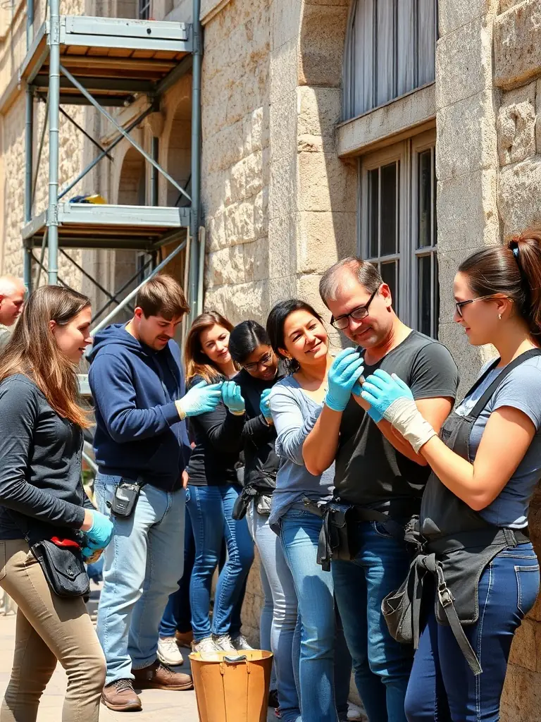 A focused shot of a cultural heritage preservation project on Île de Ré, showing volunteers working on restoring a historical site, highlighting ARDC's dedication to preserving local cultural heritage.