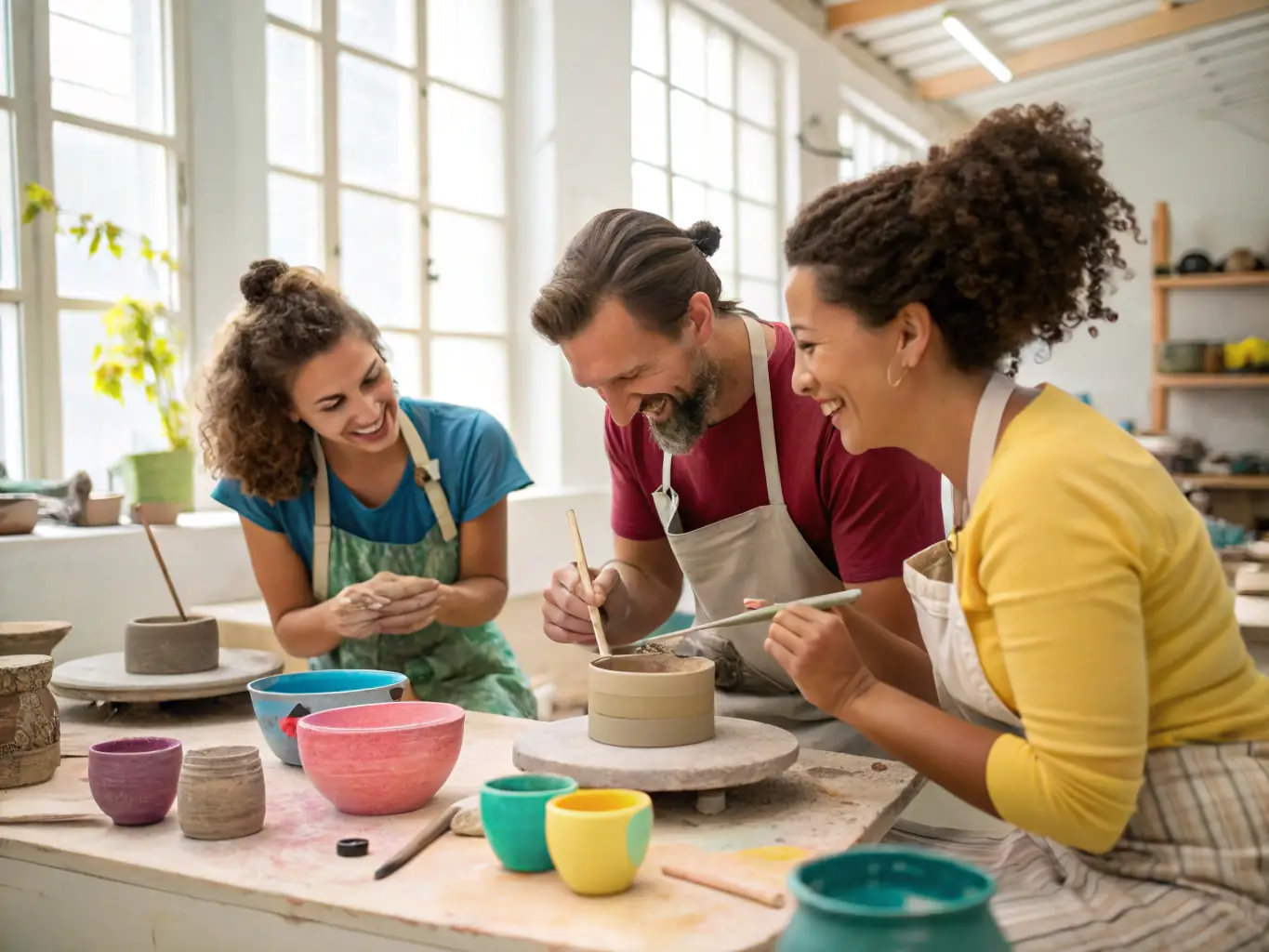 A dynamic image of a pottery workshop in progress at La Maline, featuring participants creating art with clay and tools, guided by an instructor.