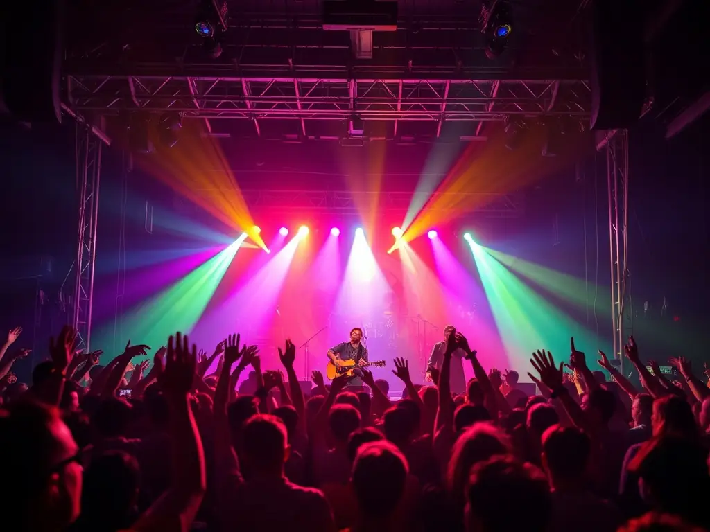 A vibrant photograph capturing a live musical performance at La Maline, showcasing a band on stage with colorful lighting and an enthusiastic audience.